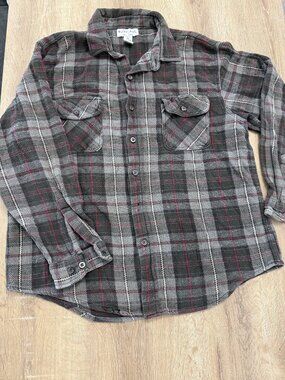 BuryLane Mens XXL Plaid Button-Down Flannel Shirt In Gray & Red Check Pattern